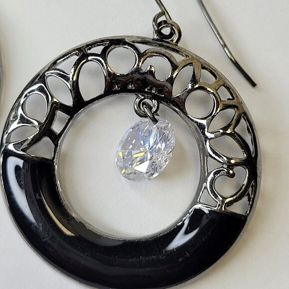 Black Filigree Round Earrings Black and Silver tone Dangle Earrings - Picture 3 of 11